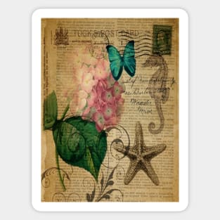 vintage starfish butterfly hydrangea floral botanical art Sticker